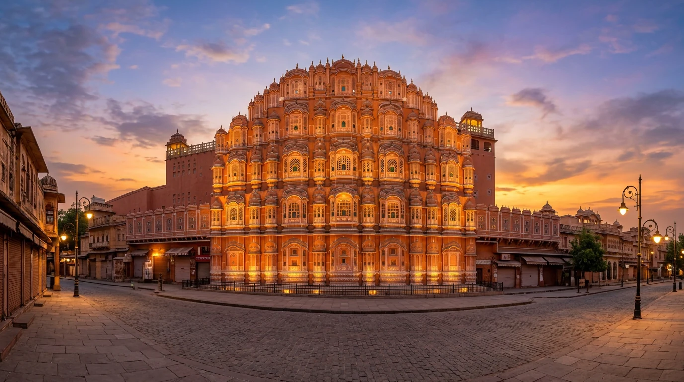 Illuminated Jaipur Hawa Mahal at Sunset