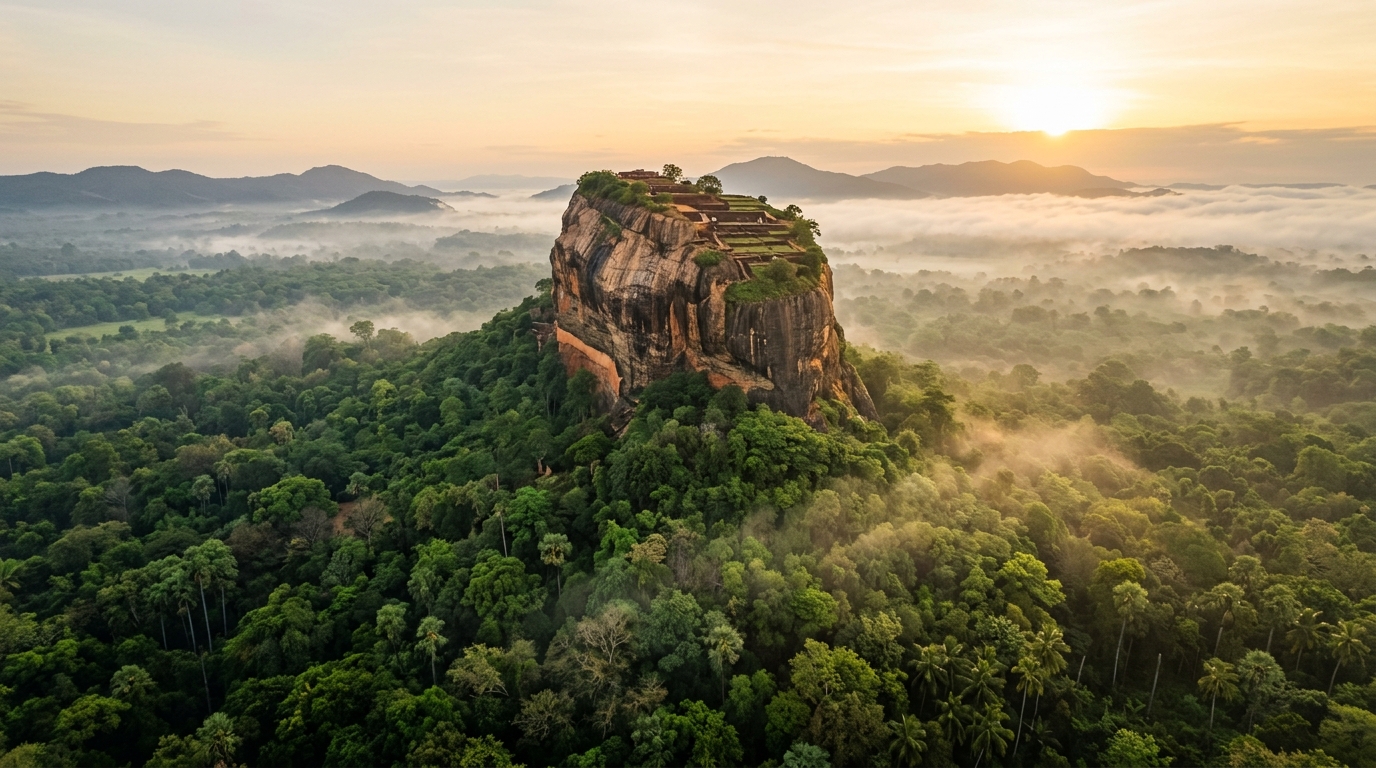 Sigiriya Lion Rock in Sri Lanka rising above rainforest