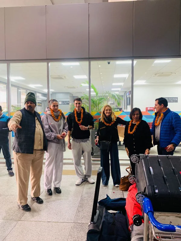 Traditional marigold garlands airport welcome in Delhi