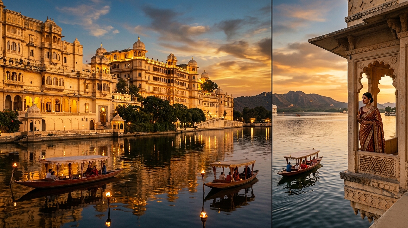 Sunset over Udaipur palace lake
